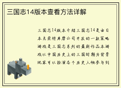 三国志14版本查看方法详解